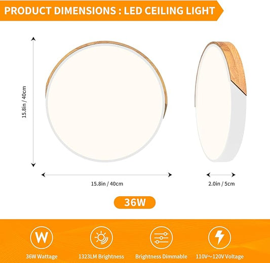 Modern Dimmable White LED Ceiling Light, 2700 K - 6000 K 5CCT Wood Flush Mount Ceiling Lighting Fixtures, Minimalist Round Ceiling Lamp for Living Room Bedroom Kitchen Hallway(15.8in)