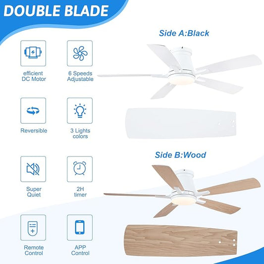 Surtime 52" Ceiling Fans with Lights-Low Profile Ceiling Fan with Light and Remote/APP Control,Flush Mount,White Ceiling Fans for Bedroom,Indoor/Outdoor Patio Use