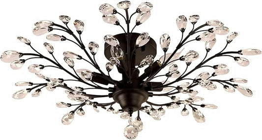 SEOL-Light Vintage Large Crystal Branches Chandeliers Black Close to Ceiling Light Flush Mount Fixture with 5 Light 200W 31.5" Dia;