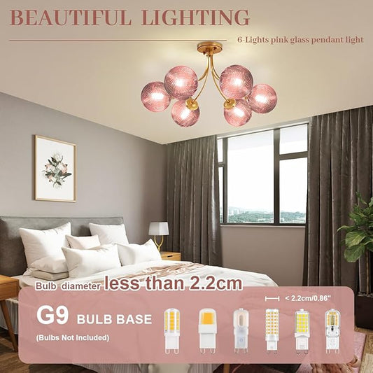 Modern Pink Chandelier 6-Lights Gold Ceiling Pendant Light with Striped Glass Shades Large Globe Chandelier Mid Century Flush Mount Ceiling Light Fixture for Dining Room Living Room