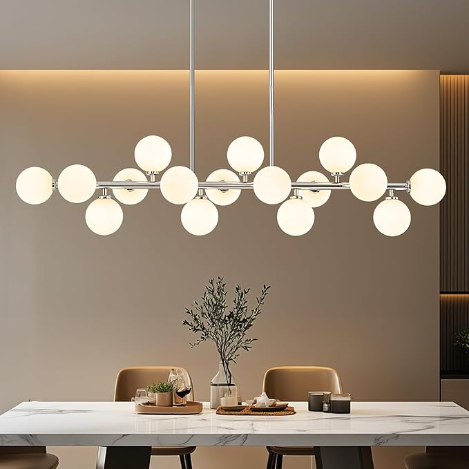55" Long Chandeliers for Dining Room Kitchen Island, Large Globe Sputnik Linear Chandelier, 16 Lights Mid Century Modern Light Fixture Over Table, Chrome and Milk White Bubble, GC-08