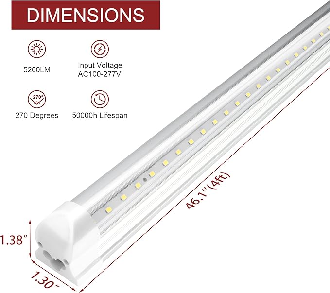 8 Pack T8 led Shop Lights 4ft, 40W 5200LM 5000K Shop Light, Linkable LED Shop Lights for Garage, Workshop, Warehouse, Basement, Clear Cover