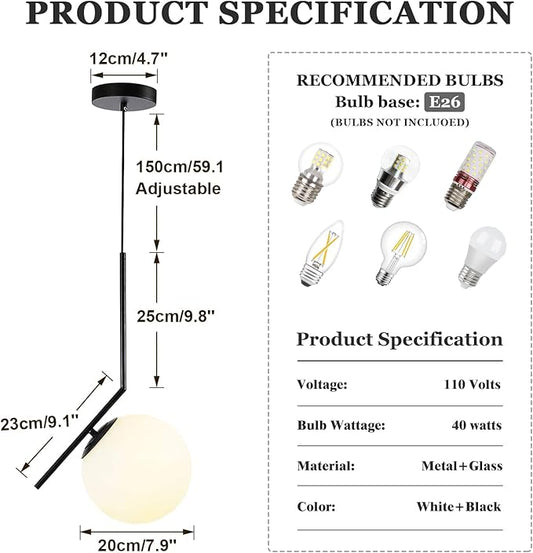 Modern Pendant Light, 1-Light Black Glass Globe Ceiling Pendant Lamp, Bedside Matte Hanging Pendant Light Fixtures for Bedroom Living Dining Room Kitchen