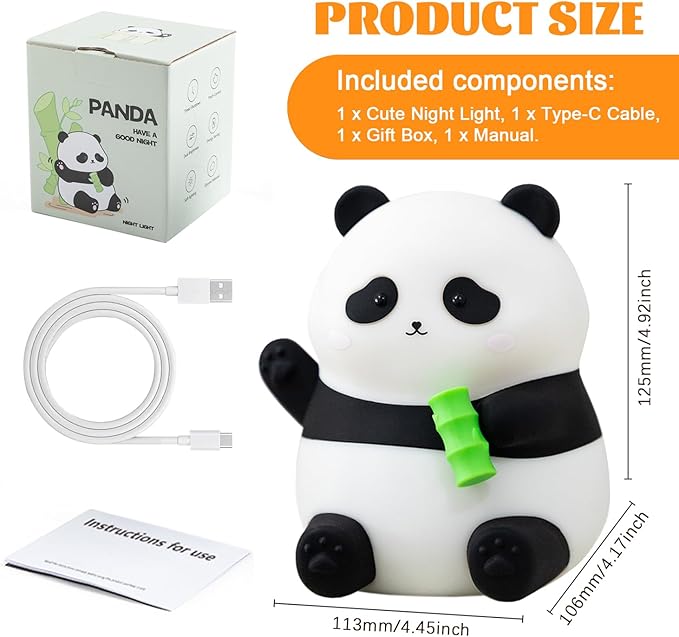 Panda Silicone Night Light for Kids, 50+ Hours Long Battery Life Squishy Touch Lamp with Auto Off Timer, Cute Rechargeable Nightlight for Toddler Baby Nursery Mothers Day Gift