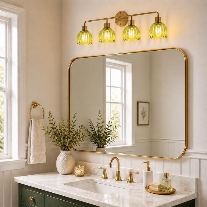 4-Light Gold Brass Bathroom Light Fixture,Wall Sconces,Brushed Gold Vanlity Light Over Mirror,Bathroom Vanity Light with Green Glass Flower Shade,E26 Socket(Bulbs Not Included)