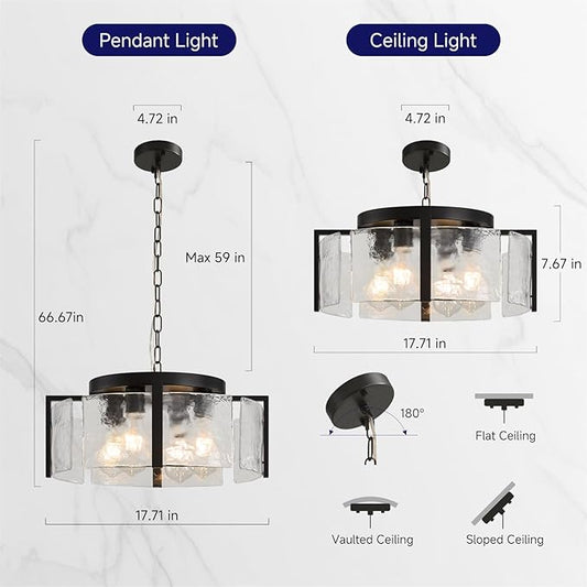 Modern Black Chandeliers for Dining Room: 17.7'' Drum Textured Glass Foyer Chandelier - Vintage Farmhouse kitchen Chandeliers Over Table - Rustic Hanging Light Fixture for Bedroom Living Room Entryway