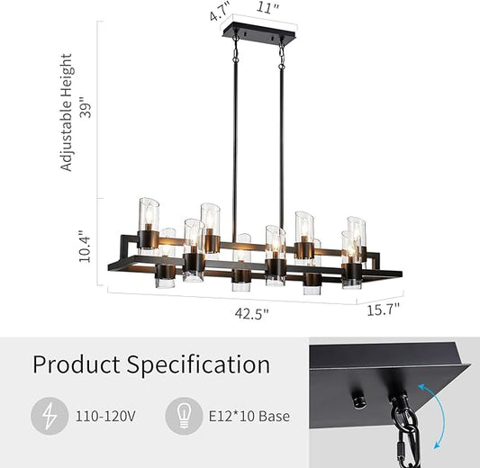 WUZUPS Island Rectangle Chandelier 10-Light with Clear Glass Industrial Modern Farmhouse Linear Light Fixture for Dining Room Kithen Island, Width 42.5" Height 10.4", Black