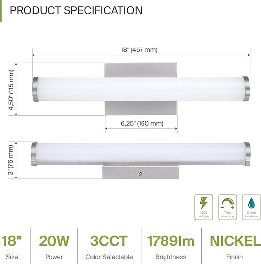 ASD 18" LED Linear Vanity Light Fixture, Modern Bathroom Sconce — 3 Color 3000K-5000K, Dimmable, 20W 1500LM, Energy Star & ETL Listed — Over Mirror Makeup Slim Bar for Bedroom, Cabinets — Nickel
