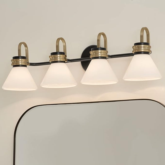 Kichler Farum 34" 4-Light Bathroom Vanity Light Fixture with Opal Glass in Black, Modern Over Mirror Lighting for Single or Double Vanity, Powder Room (34" W x 9.5" H), 55156BK