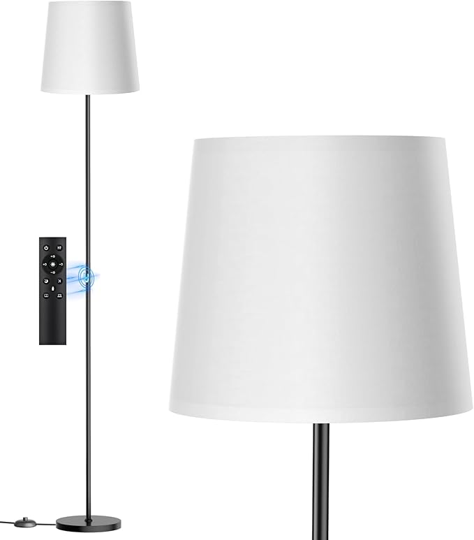 SIBRILLE Floor Lamp with White Shade, 62" Dimmable LED Standing Lamp with Remote, 9W E26 Bulb Included, 3000-6000K, Modern Floor Reading Light for Bedroom Living Room Office Corner, Black Pole