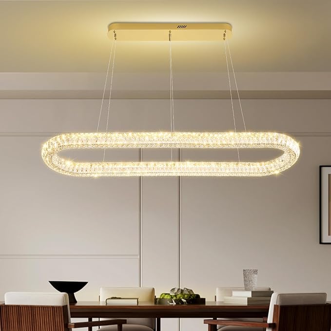 Large Led Gold Ring Chandelier for Living Room Modern 55in Linear Oval Chandeliers Over Table Crystal Ring Pendant Light for Dining Room Dimmable 3000K-6000K