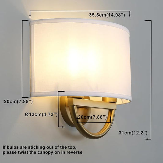 Yosoan White Fabric Cloth Boho Aged Brass Gold Wall Sconce Stairwell Fixture Light, 2-Light Dual Indoor Hardwired Vanity Vintage Wall Mount Lamp Antique Metal Base Semicircle Shade Lamp for Hallway