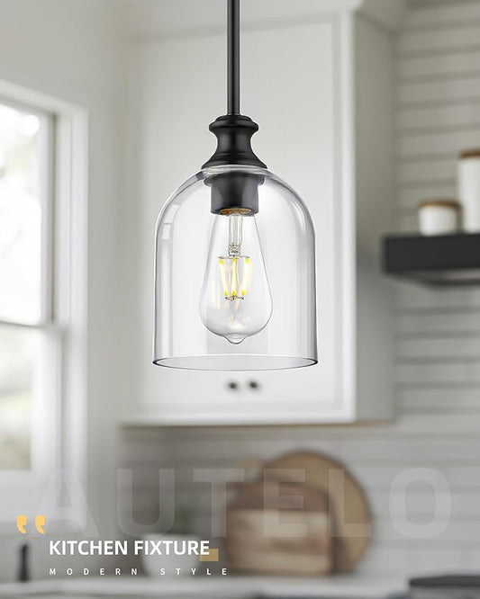 AUTELO 2 Pack Matte Black Pendant Lights, Hanging Lamp with Clear Cylinder Glass, Modern Pendant Lights Kitchen Island with Adjustable Rods, H2511 CLBK 2PK