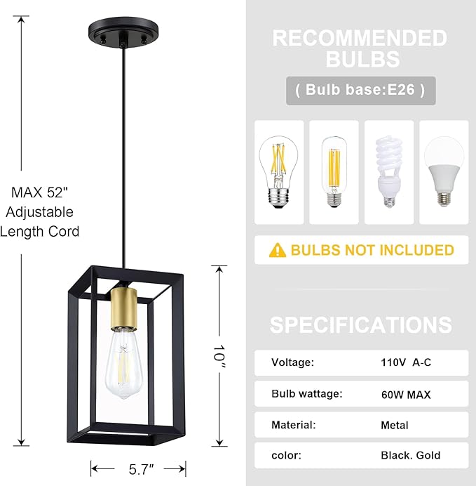 1 Light Hanging Rustic Farmhouse 5.7" Metal Lantern Cage Pendant Ceiling Light Fixture Over Sink Dining Room Bedroom Kitchen Island 3 Pack Black Gold