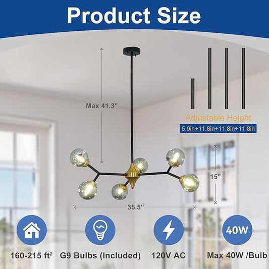 Depuley Glass Globe Sputnik Chandelier: 6-Light Mid-Century Modern Chandelier Black and Gold Bubble Light Fixture - Vintage Hanging Chandeliers for Kitchen Dining Room (Included G9 Bulbs)