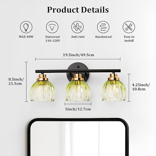 TALOYA Bathroom Vanity Light Fixtures, 3-Light Modern Black and Gold Wall Lights Over Mirror with Gradient Green Tulip Glass Shades Bathroom Wall Lamp for Mirror, Living Room,Hallway, Cabinet Porch