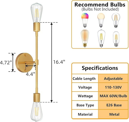 FadimiKoo 2-Light Golden Bathroom Wall Sconces Lighting, Modern Vanity Light Over Mirror, Brushed Brass Indoor Wall Mounted Lamp for Bathroom Hallway Bedside Kitchen (2 Pack)