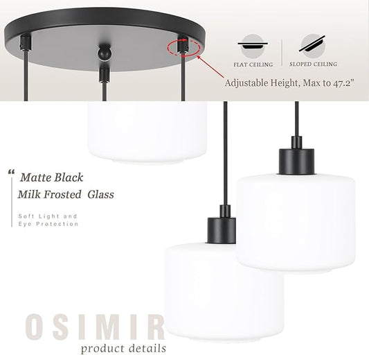 3-Light Pendant Lighting, Black Dining Room Chandelier Light Fixture Over Table with Milk Glass, Modern Cluster Hanging Lights for Kitchen Island Dining Room Sink, OS-YQ8153-3BKW