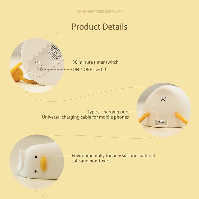 Lying Flat Benson Duck Multi-Color Lamp with Remote Control, Rechargeable Silicone Night Light, Dimmable Cute Light Up Duck, Nursery Nightlight, Bedside Lamp for Breastfeeding, Kawaii Room Decor.