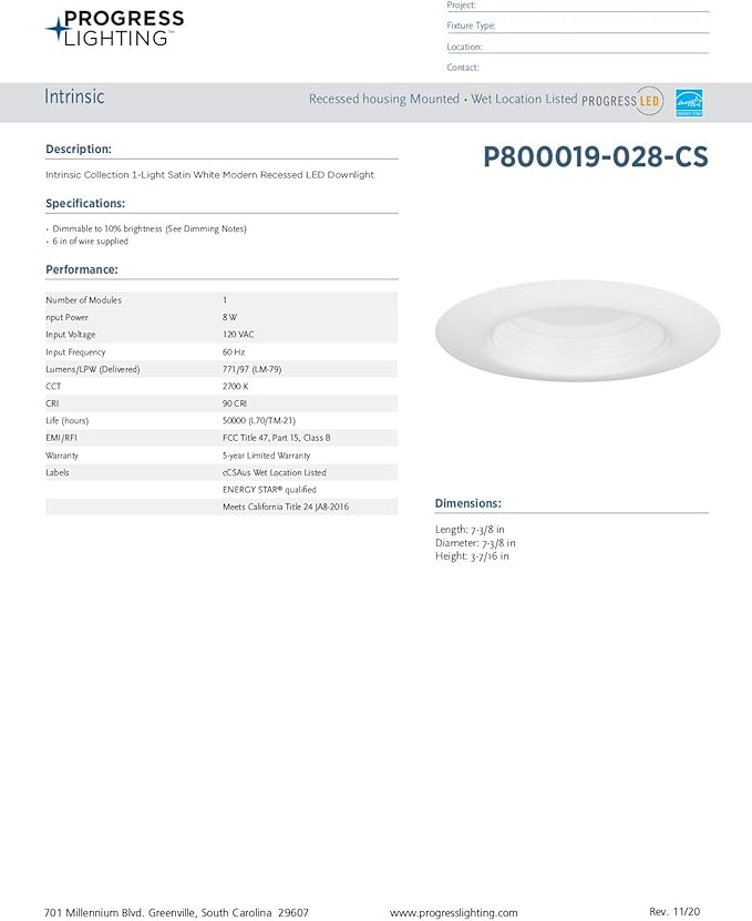 Progress Lighting Intrinsic Recessed LED 8w Baffle Trim for 5/6 inch Housings with 770 lumens, Color Temperature Selectable, White