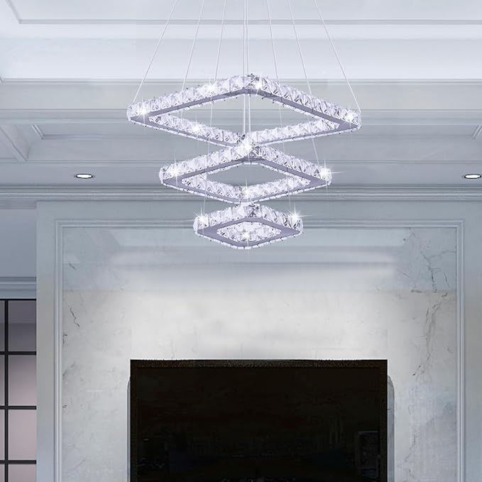 Crystal Chandeliers Modern LED 3 Ring Chandelier Adjustable Ceiling Light Fixtures Pendant Lighting Stainless Steel Hanging Lights for Living Room Dining Room Bathroom Bedroom, Cold White (Square)