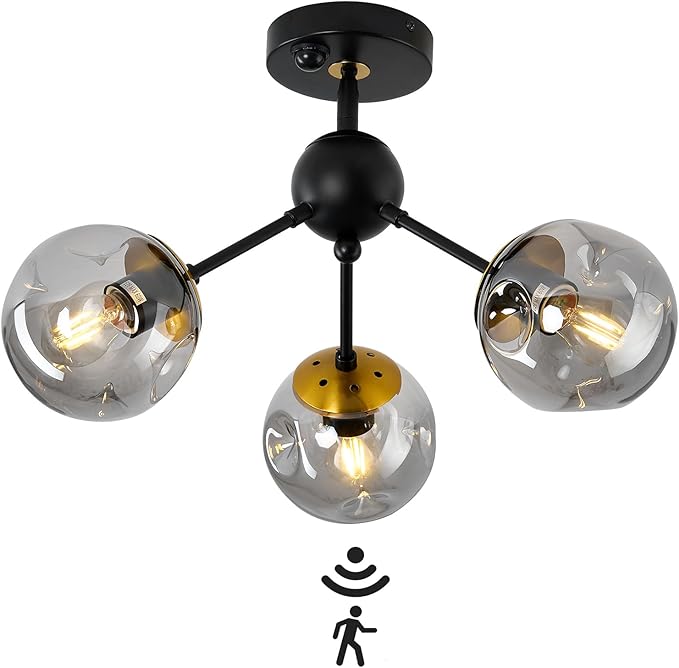 Motion Sensor Light Indoor 3-Light Vintage Semi Flush Mount Ceiling Light Fixture with Glass Globe Black Chandelier for Closet Hallway Stairway Porch Entryway