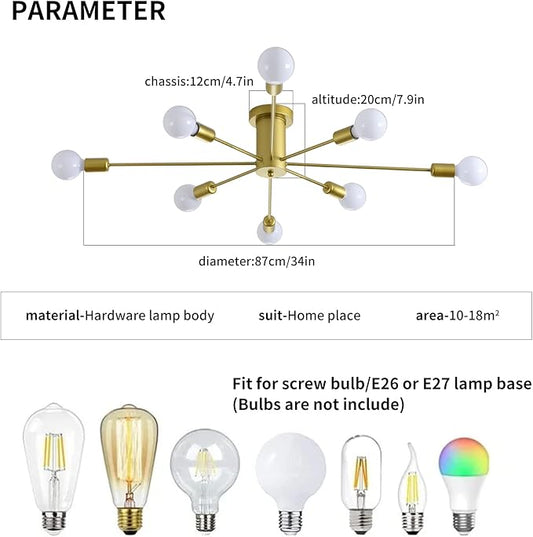 Garwarm 8-Light Sputnik Ceiling Light Modern Semi Flush Mount Ceiling Light Mid Century Gold Chandelier Pendant Lighting for Kitchen Dining Room Bedroom