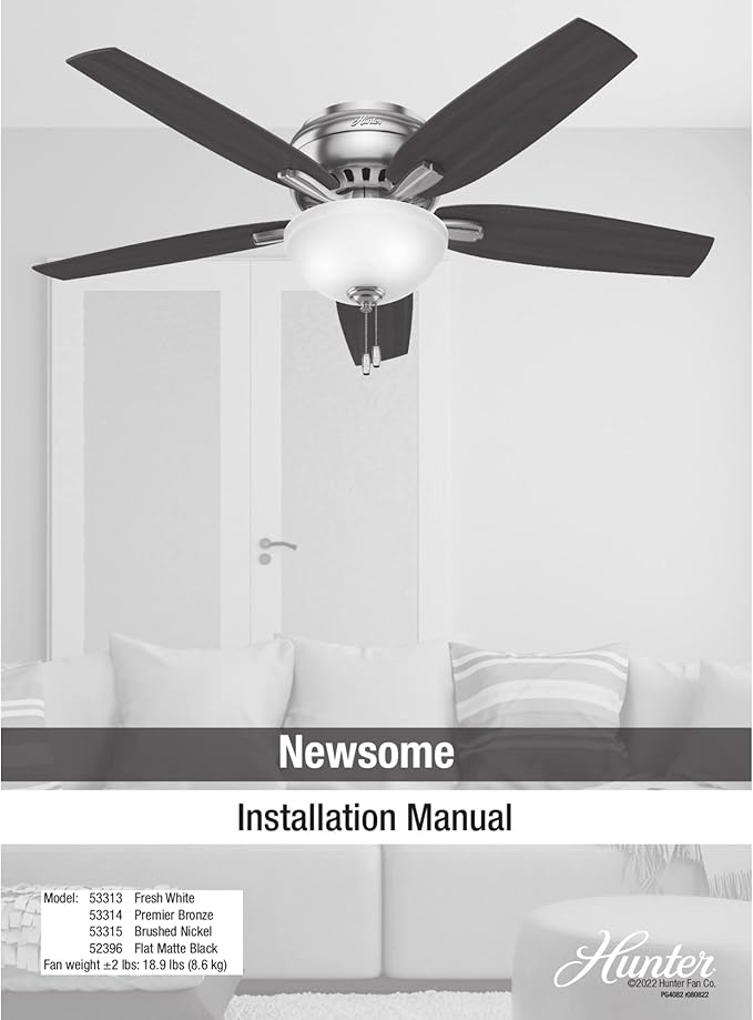 Hunter 52 inch Indoor Ceiling Fan with LED Light - Black Ceiling Fan with Pull Chain, For Bedroom or Living Room, Low Profile Flush Mount, 5 Blades, Includes Bulbs - Newsome 52396, Matte Black