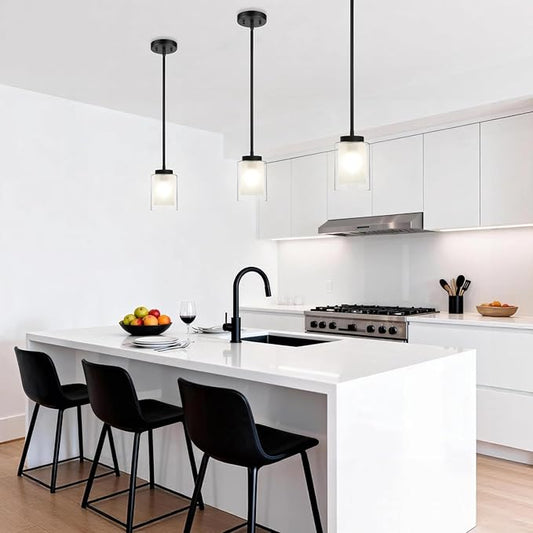 XiNBEi Lighting Black Pendant Light, Modern Adjustable Hanging Pendant Lighting Glass Kitchen Island Lights for Bar Dining Room Kitchen Sink XB-P1195-MB
