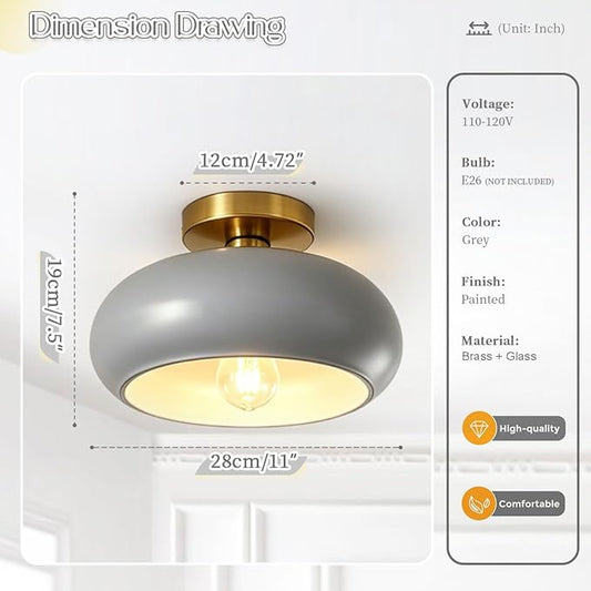 Mid Century Light Fixture Vintage Ceiling Light - Milk Glass Gray Shade Semi Flush Mount Ceiling Lights fixtures Gold Brass Flush Mount Lights for Entryway Foyer Hallway Hall Bedroom
