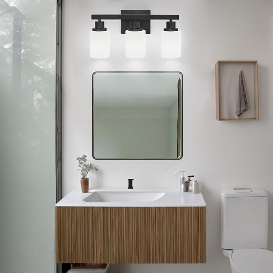 3-Light Bathroom Light Fixtures Over Mirror, Modern Matte Black Vanity Lights with White Frosted Glass Shade, Bathroom Wall Lamp Sconces for Mirror Bedroom, Living Room Hallway