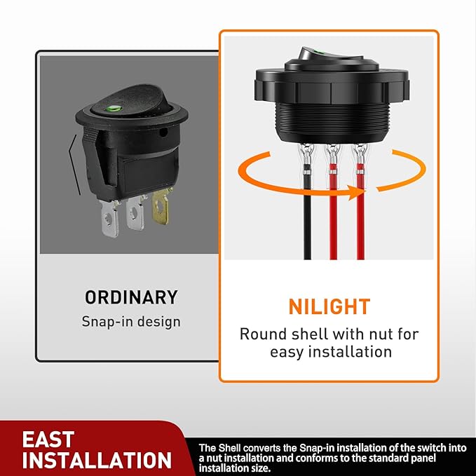 Nilight 1PC Round Rocker Switch with Shell 12V 24V 20A Green LED Toggle swtich with 16AWG Wires SPST 3Pin 2 Position for Car Truck Vehicle Boat Marine Rocker On Off Control
