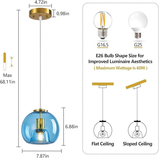 Light Blue Glass Pendant Lights Kitchen Island Gold Hanging Light Fixture Glass Globe Pendant Light Modern Pendant Lighting for Kitchen Island Bedroom Dining Room (7.87", B Style-1 Pack)