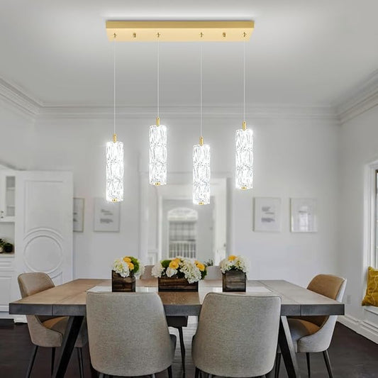 ykolupty Rectangle Crystal Pendant Lights LED Dimmable Pendant Ceiling Lighting Modern Linear Chandelier for Dining Room Hallway Gold