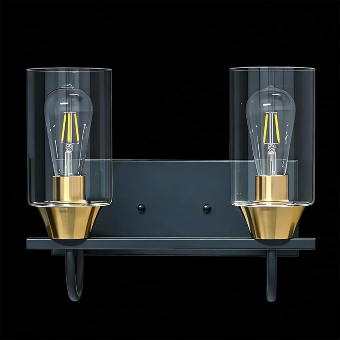 Bathroom Light fixtures, Black Gold Vanity Light, Black and Gold Wall Light Fixture with Clear Glass Shade,Modern Wall Lights for Mirror,Living Room (1, 2 Light)