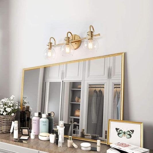 KSANA Gold Bathroom Light Fixtures, 3 Light Modern Vanity Lights Over Mirror with Globe Clear Glass Shades for Bedroom, Kitchen, Powder Room