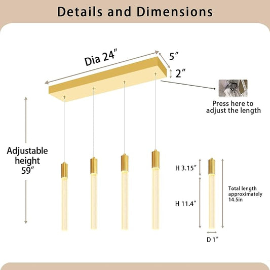 Modern 4-Light Gold Crystal Column Pendant Light Rectangular Crystal Chandelier LED Hanging Light for Dining Room Living Room, Hallway, Bedroom