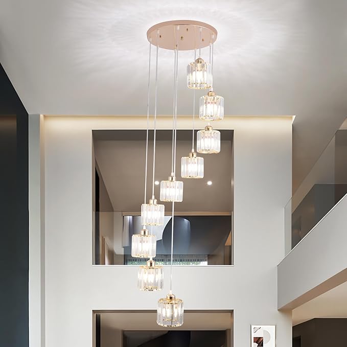 High Ceilings Long Chandeliers Modern Crystal Pendant Light Raindrop Drop Lamp Hanging Chandeliers Flush Mount Lighting Fixtures for Staircase Foyer Entryway Gold 9 Lights
