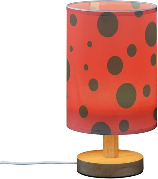 Ladybug Pattern Black Spots on Red Table Lamp with Wood Base Fabric Lamp Shade Bedside Nightstand Desk Lamp for Living Room Bedroom Kids Room Office