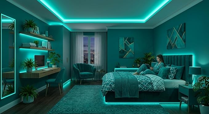 Teal 10 Foot Led Lights Strip Indoor Rope Lights Easy DIY Cuttable Strip Lights for Room Bathroom Living Room Kitchen Ceiling Wall Vanity Mirror Decor