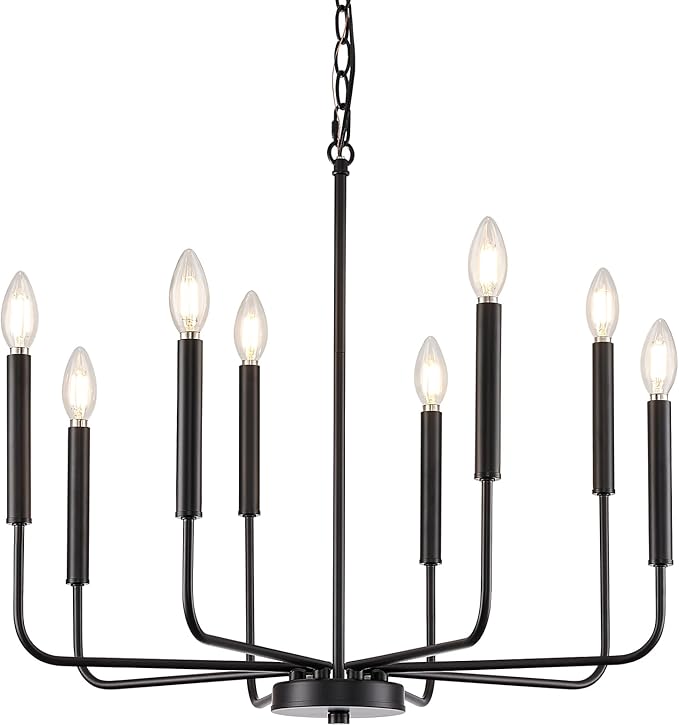 Modern Black Chandelier for Dining Room, 8-Light Metal Farmhouse Dining Room Light Fixtures Hanging Candle Chandelier Lighting for Kitchen, Living Room, Foyer, Entryway, Bedroom