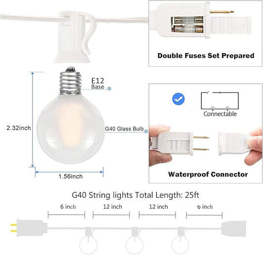 25Ft G40 LED Frosted White String Lights Outdoor with 27 Shatterproof Globe Bulbs Patio Lights White Wire, Waterproof Hanging Bistro Lights for Wedding Party Backyard Garden Porch Christmas Decor