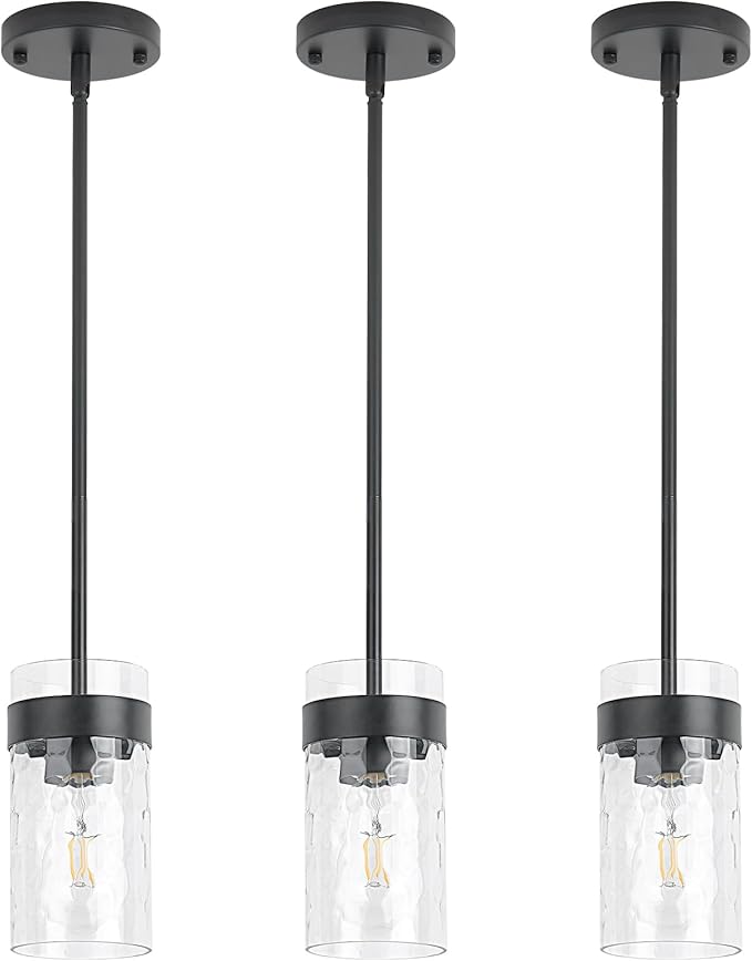 Water Ripple Glass Pendant Lights Kitchen Island Black Pendant Light Fixtures Adjustable Modern Mini Hanging Light for Sink Dining Room Foyer Entryway Bar, 3 Pack
