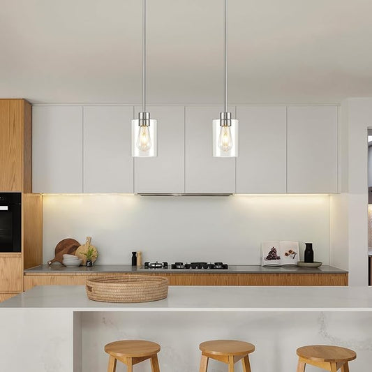 Modern Farmhouse Brushed Nickel Pendant Lights, Mini Hanging Light Fixture with Clear Glass Shade, Adjustable Rods for Kitchen Island, Sink, Bar (1 Pack)