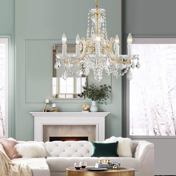 AGV LIGHTING CH001G Modern K9 Crystal Chandelier, Maria Theresa Style Light Fixture, 5-Lights, D20 x H18, Adjustable Chain 59", Shinny Gold Finish Frame