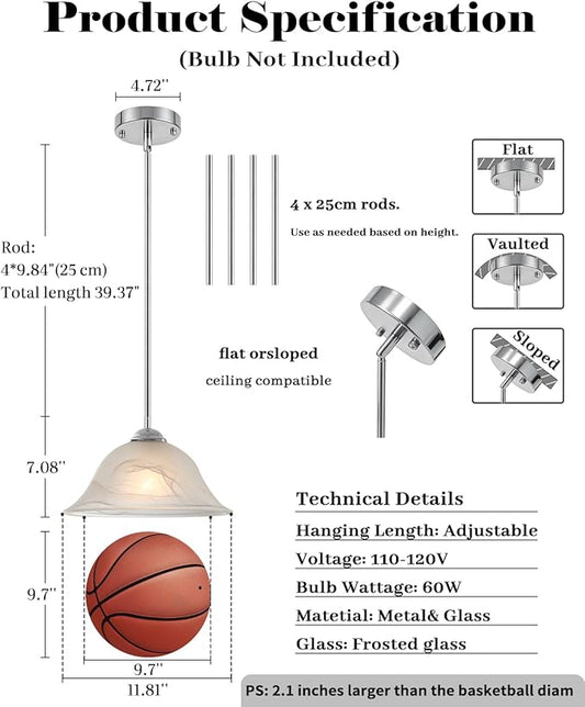 Chrome Pendant Lights Kitchen Island, 11.8” Glass Pendant Light Fixtures with Frosted, Hanging Kitchen Pendant Lights 2 Pack, Farmhouse Pendant Lighting for Kitchen, Dining Room, Bar (Rod)