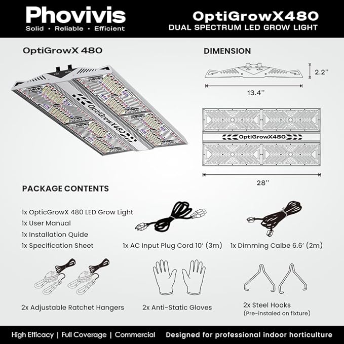 OptiGrowX480 LED Grow Light for Indoor Plants, Full Spectrum with Veg Bloom Control, Optical Lens Design, High Efficiency, High PPFD Output for 3x3 4x4 Grow Tent