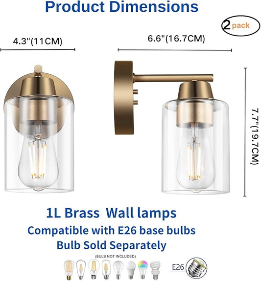 Set of Two Modern Wall Sconces,1-Light Gold Vanity Light Fixtures, Matte Brass Farmhouse Wall Mount Lights with Metal Clear Glass for Bathroom Mirror Living Room Bedroom Hallway E26 Base