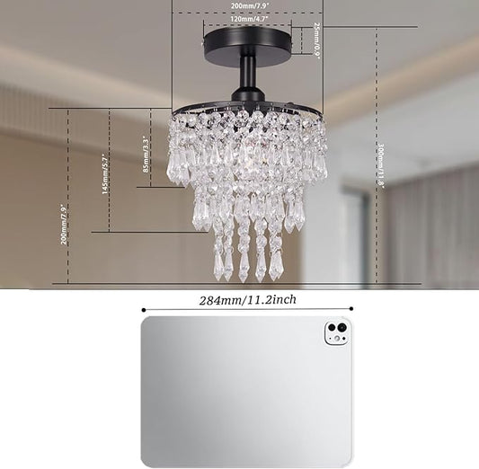 FRIXCHUR Small Crystal Chandelier Flush Mount Ceiling Light 3 Tiers Raindrops Crystal Chandeliers for Bedroom Hallway Foyer Living Room Entryway Closet, Black