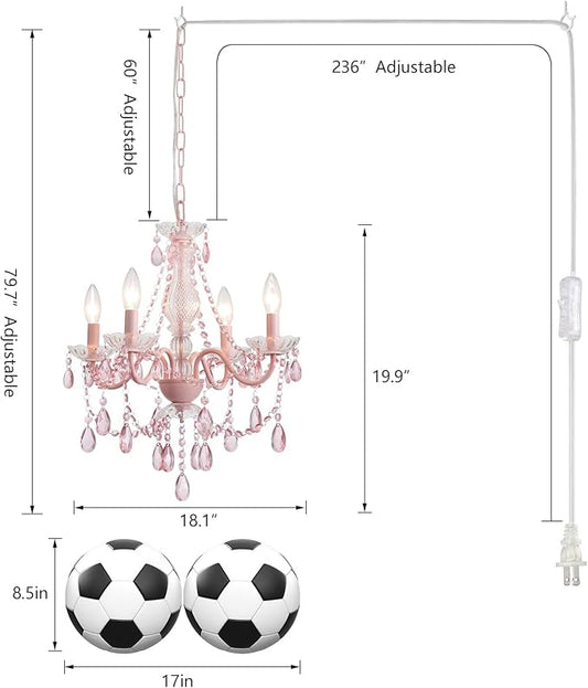 Plug in Crystal Pink Chandelier, Not acrylic Crystal,Mini 4 Lights for Girls Room,Pink Crystals Hanging Pendant Light with Clear Cord and On/Off, Chandelier for wedding, Kitchen, Dining,Foyer,Island